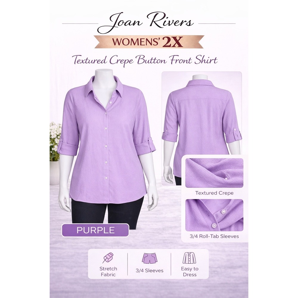 Joan Rivers Womens 2X Purple Textured Crepe Button Front Shirt A379957 Stretch